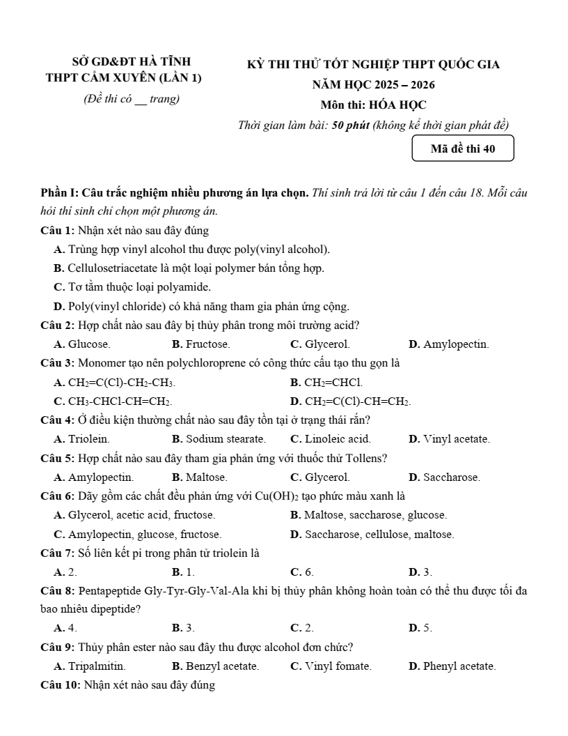 Đề thi thử Hóa Tốt nghiệp THPT 2025-2026 trường THPT Cẩm Xuyên (Hà Tĩnh)