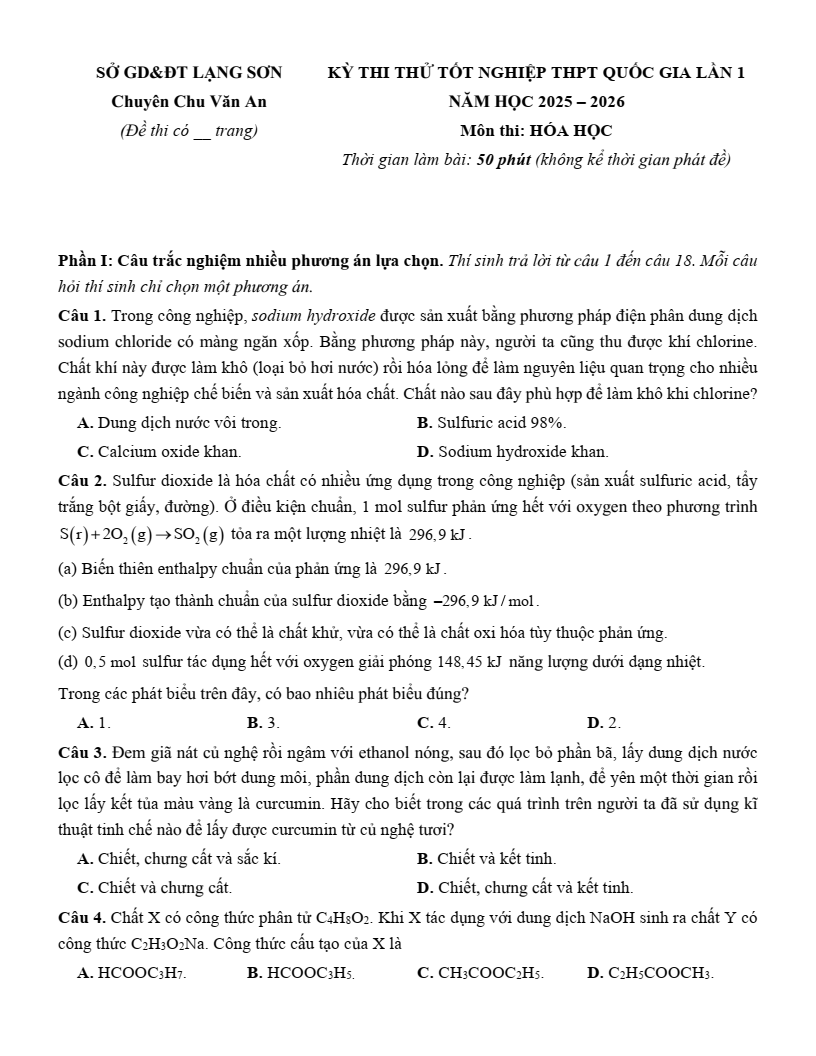 Đề thi thử Hóa Tốt nghiệp THPT 2025-2026 trường THPT Chuyên Chu Văn An (Lạng Sơn)