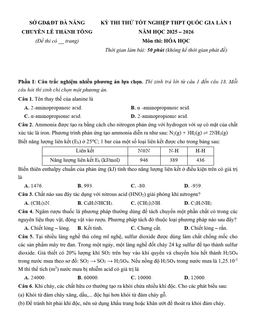 Đề thi thử Hóa Tốt nghiệp THPT 2025-2026 trường THPT Chuyên Lê Thánh Tông (Đà Nẵng)