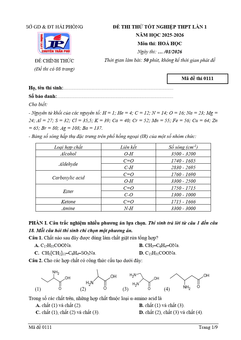 Đề thi thử Hóa Tốt nghiệp THPT 2025-2026 trường THPT Chuyên Trần Phú (Hải Phòng)