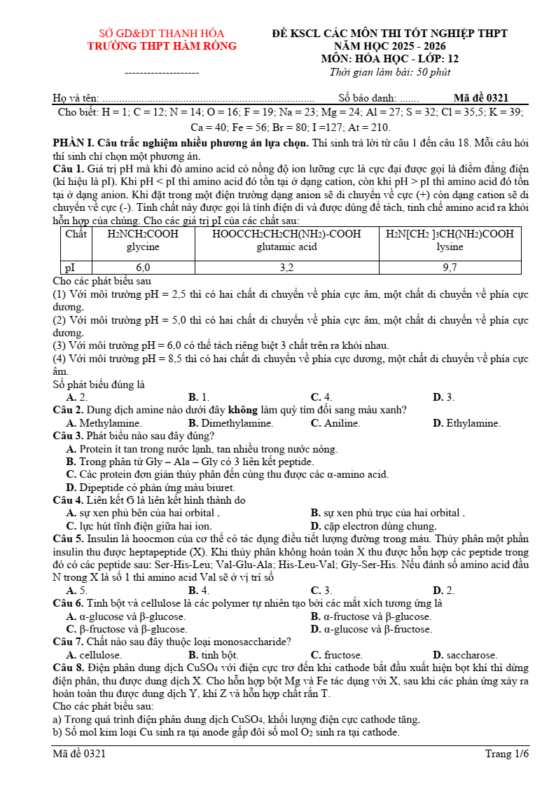 Đề thi thử Hóa Tốt nghiệp THPT 2025-2026 trường THPT Hàm Rồng (Thanh Hóa)