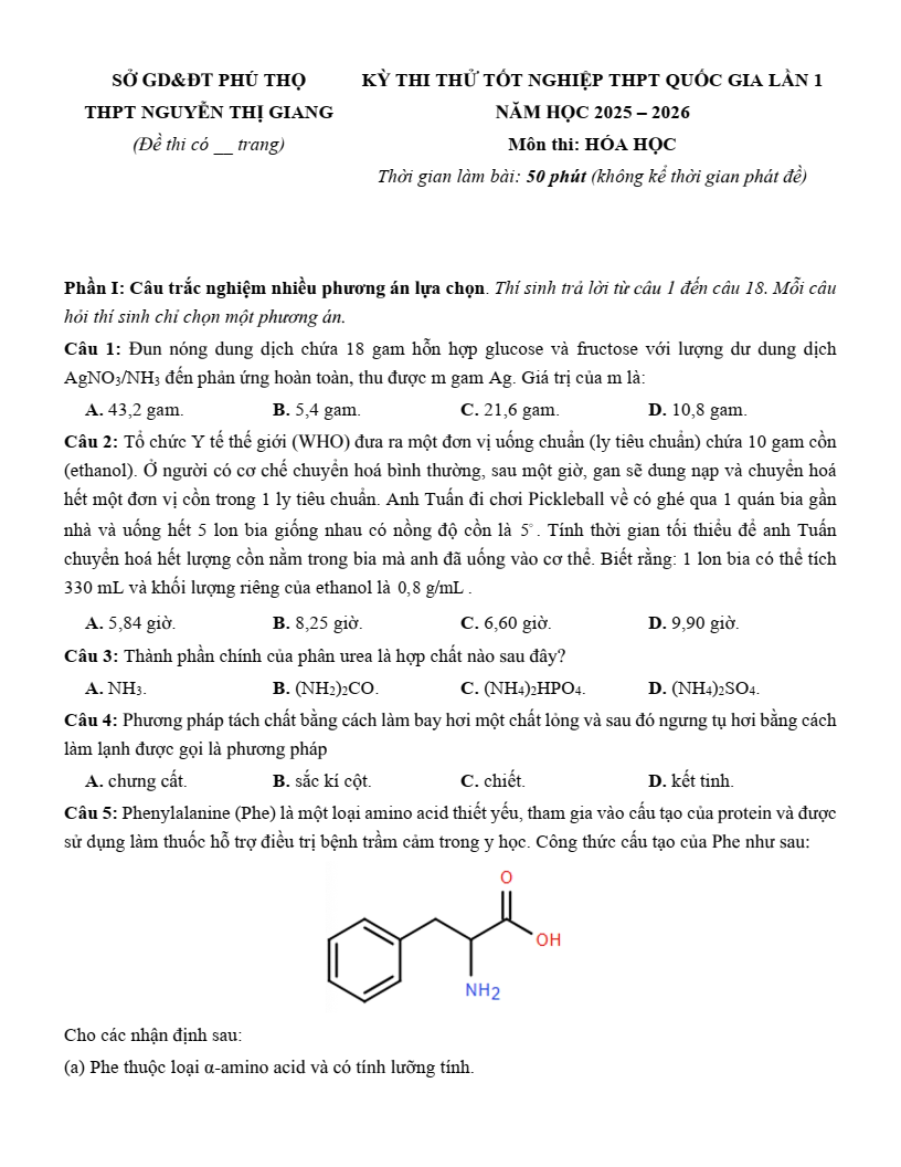 Đề thi thử Hóa Tốt nghiệp THPT 2025-2026 trường THPT Nguyễn Thị Giang (Phú Thọ)