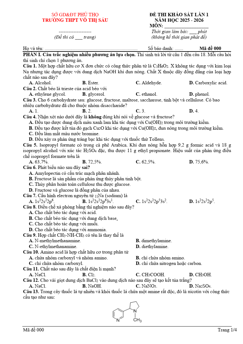 Đề thi thử Hóa Tốt nghiệp THPT 2025-2026 trường THPT Võ Thị Sáu (Phú Thọ)