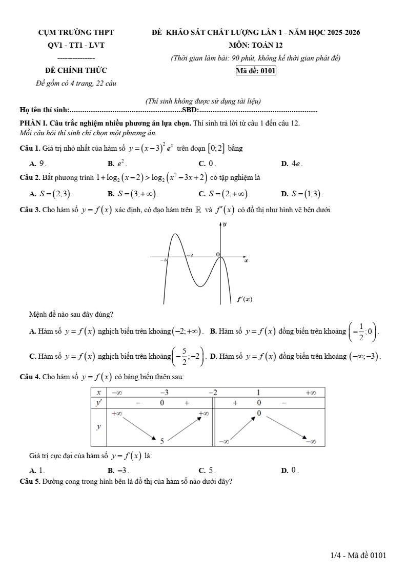 Đề thi thử Toán Tốt nghiệp THPT 2025-2026 Cụm trường THPT QV1-TT1-LVT – Bắc Ninh