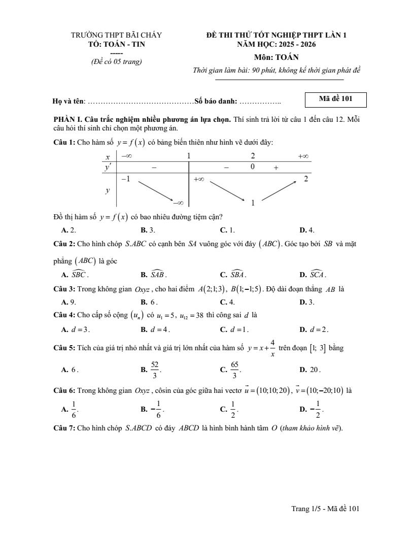 Đề thi thử Toán Tốt nghiệp THPT 2025-2026 trường THPT Bãi Cháy