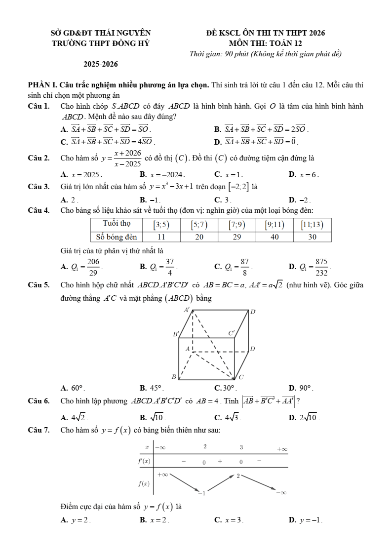 Đề thi thử Toán Tốt nghiệp THPT 2025-2026 trường THPT Đồng Hỷ (Thái Nguyên)