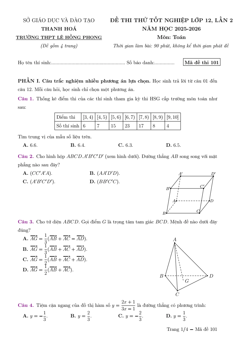 Đề thi thử Toán Tốt nghiệp THPT 2025-2026 trường THPT Lê Hồng Phong (Thanh Hóa)