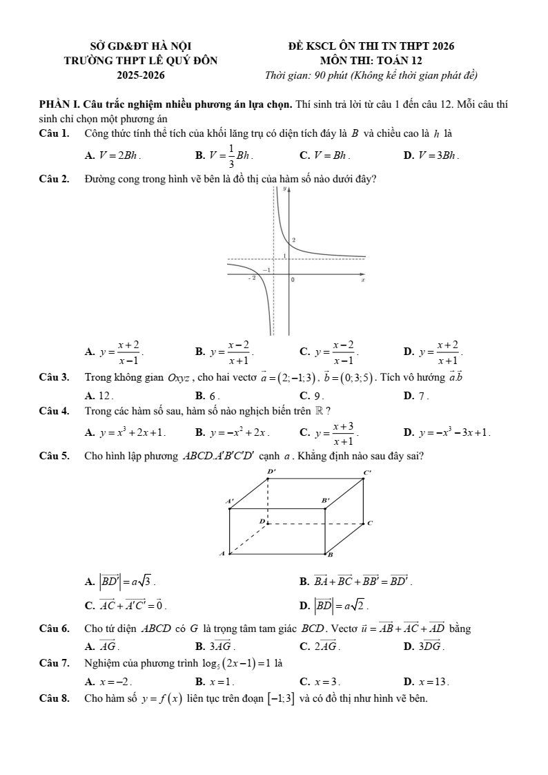 Đề thi thử Toán Tốt nghiệp THPT 2025-2026 trường THPT Lê Quý Đôn (Hà Nội)