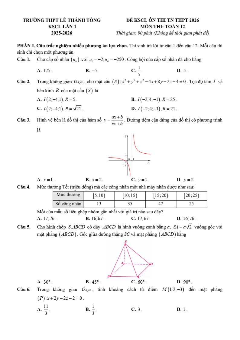 Đề thi thử Toán Tốt nghiệp THPT 2025-2026 trường THPT Lê Thánh Tông