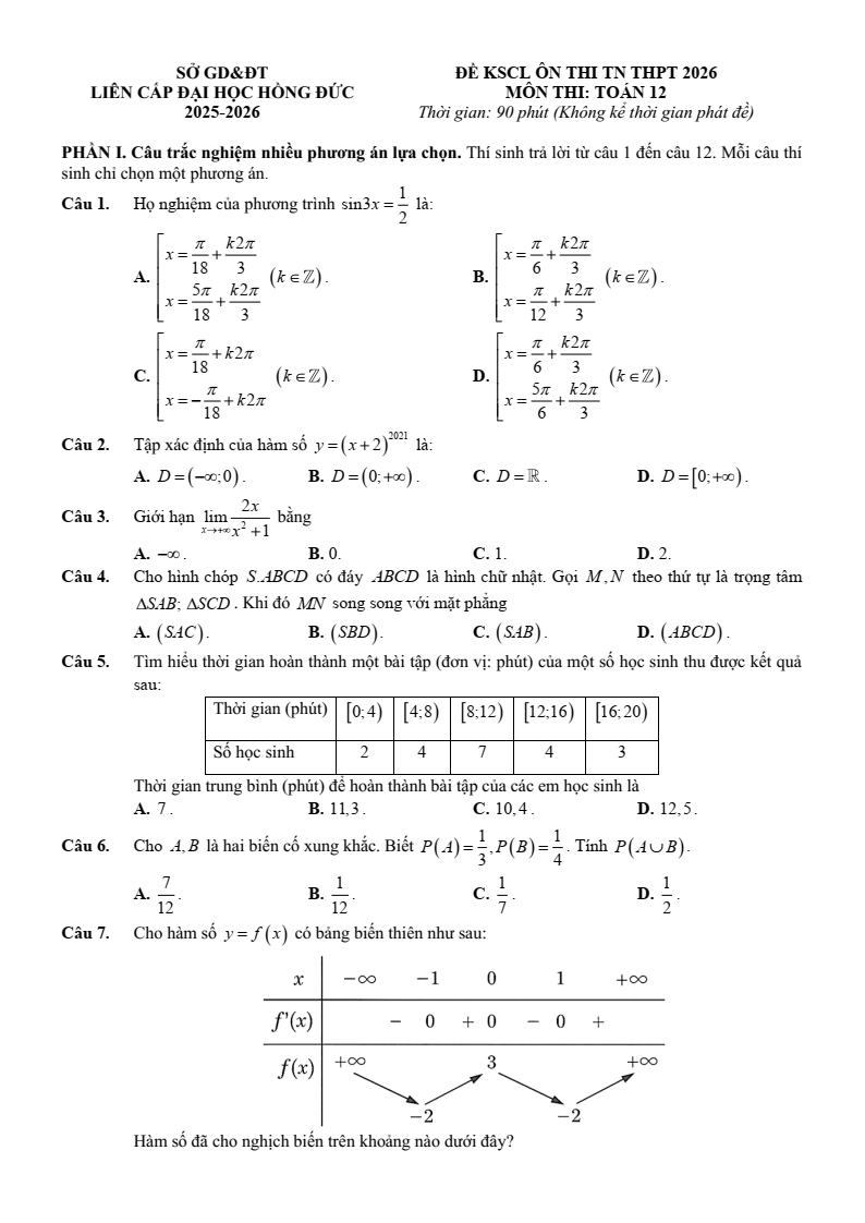 Đề thi thử Toán Tốt nghiệp THPT 2025-2026 trường THPT Liên cấp Đại học Hồng Đức