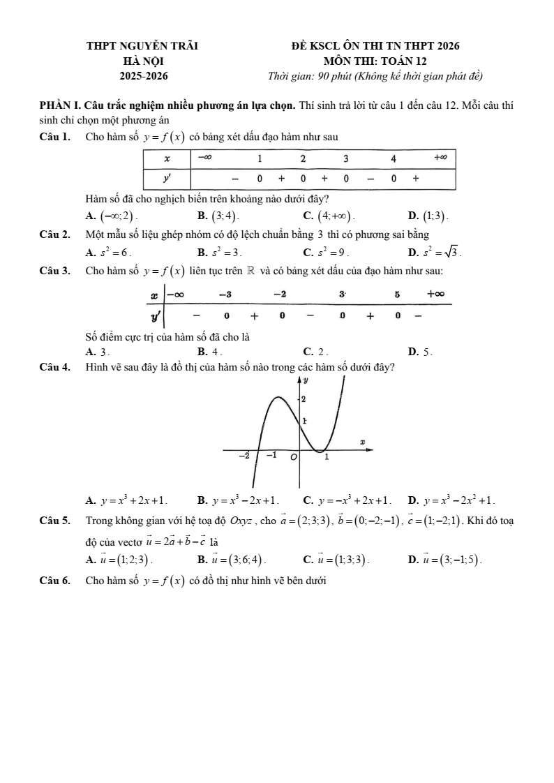 Đề thi thử Toán Tốt nghiệp THPT 2025-2026 trường THPT Nguyễn Trãi (Hà Nội)
