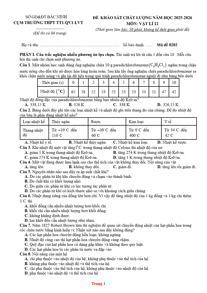 Đề thi thử Vật lí Tốt nghiệp THPT 2025-2026 Cụm trường THPT TT1-QV1-LVT – Bắc Ninh