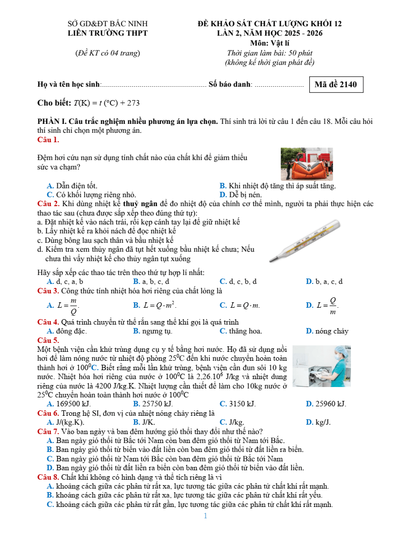 Đề thi thử Vật lí Tốt nghiệp THPT 2025-2026 Liên trường THPT – Bắc Ninh