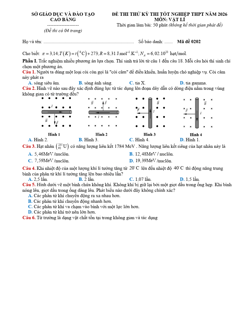 Đề thi thử Vật lí Tốt nghiệp THPT 2025-2026 Sở GD&ĐT Cao Bằng