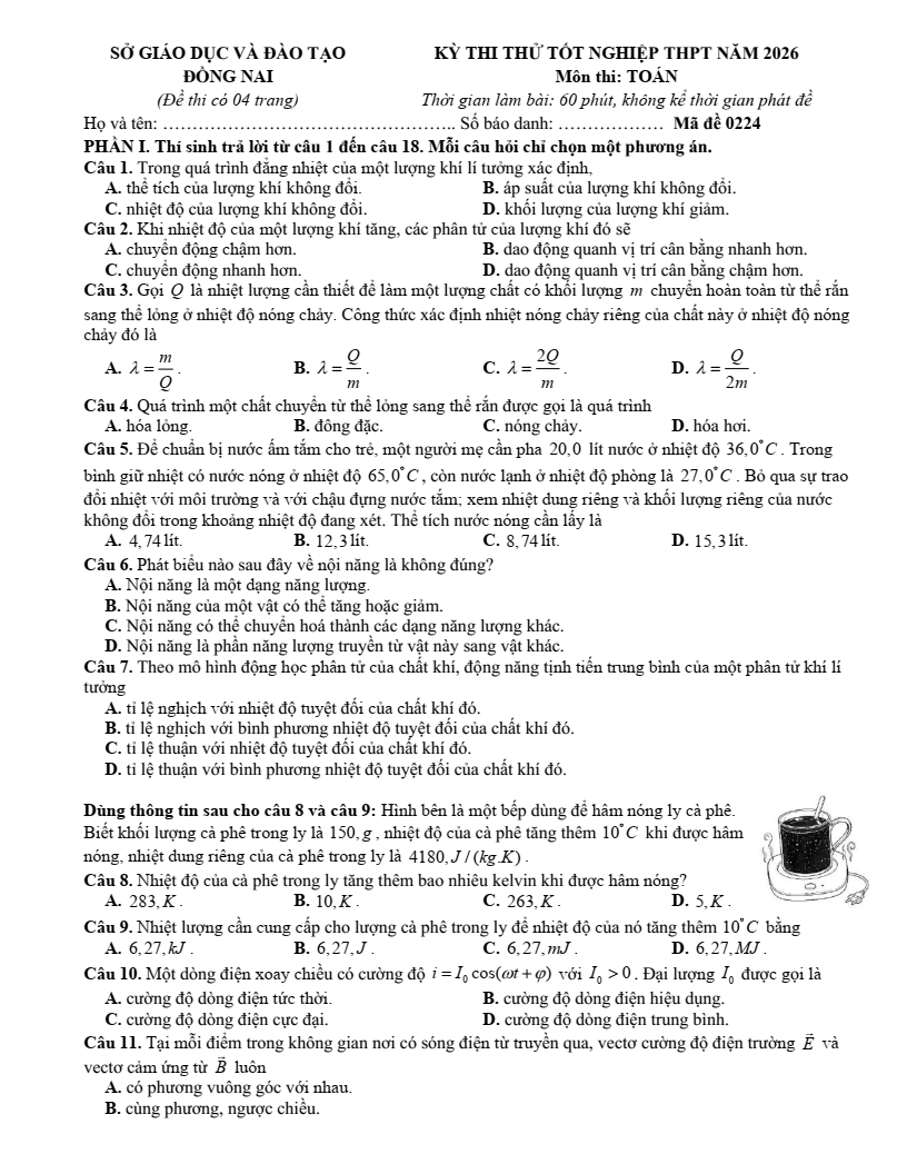 Đề thi thử Vật lí Tốt nghiệp THPT 2025-2026 Sở GD&ĐT Đồng Nai