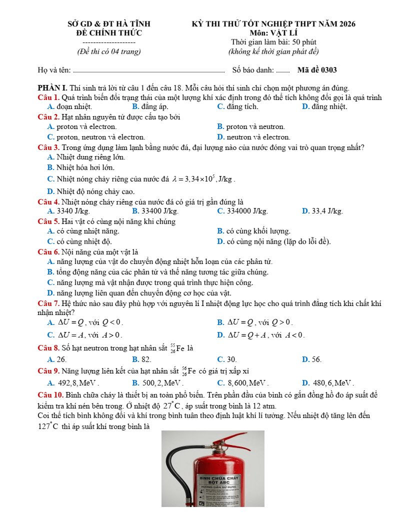 Đề thi thử Vật lí Tốt nghiệp THPT 2025-2026 Sở GD&ĐT Hà Tĩnh