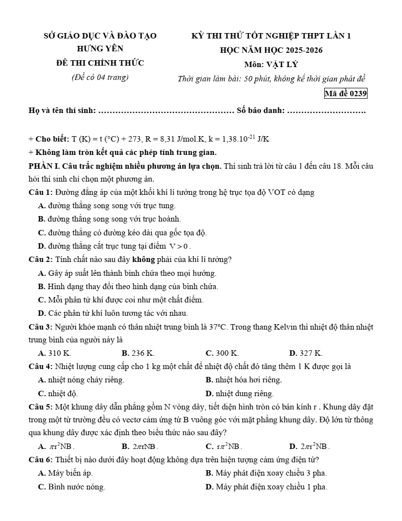 Đề thi thử Vật lí Tốt nghiệp THPT 2025-2026 Sở GD&ĐT Hưng Yên