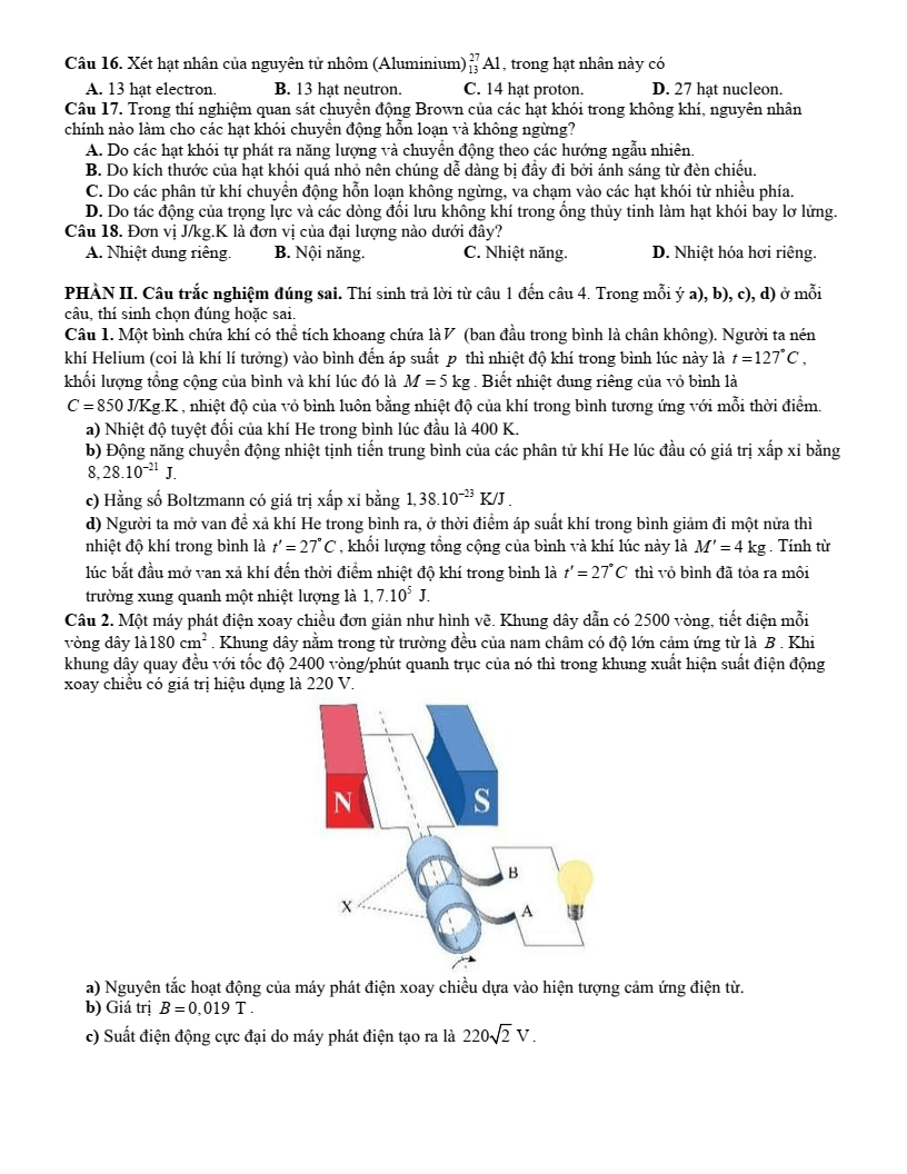 Đề thi thử Vật lí Tốt nghiệp THPT 2025-2026 Sở GD&ĐT Phú Thọ (Lần 2)