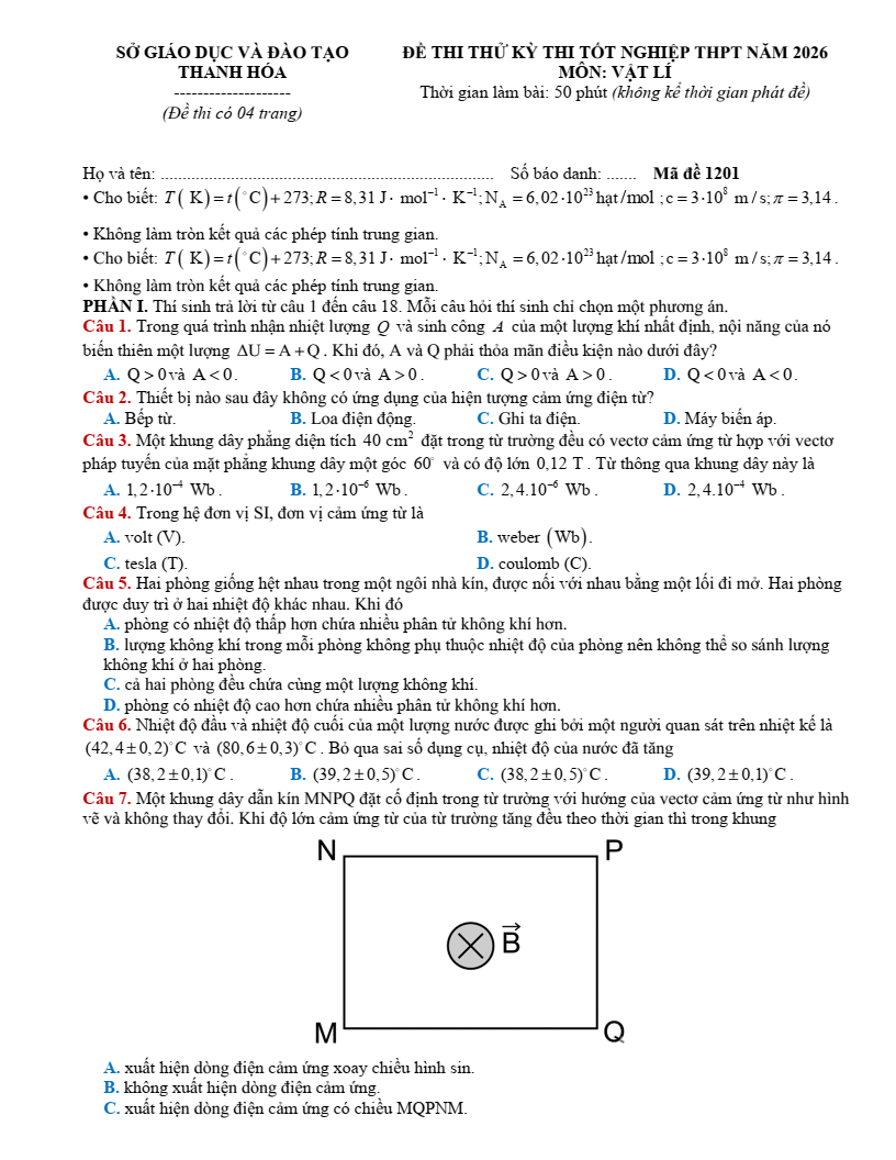 Đề thi thử Vật lí Tốt nghiệp THPT 2025-2026 Sở GD&ĐT Thanh Hóa