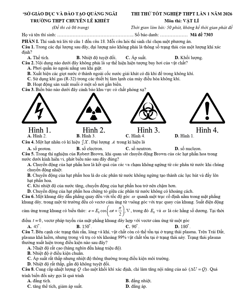 Đề thi thử Vật lí Tốt nghiệp THPT 2025-2026 trường THPT Chuyên Lê Khiết (Quảng Ngãi)