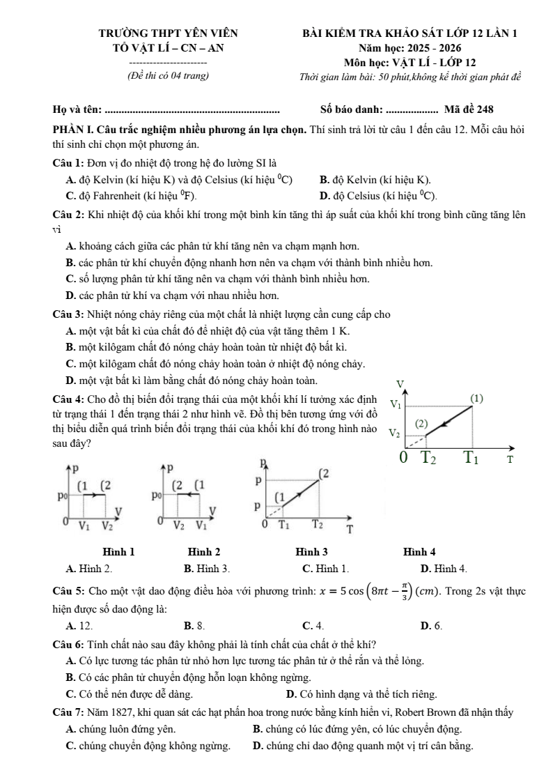 Đề thi thử Vật lí Tốt nghiệp THPT 2025-2026 trường THPT Yên Viên (Hà Nội)