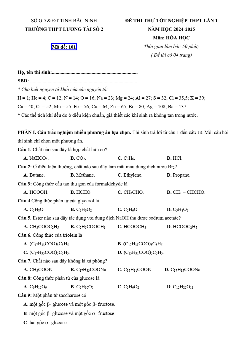 Đề thi thử Hóa Tốt nghiệp năm 2025 Trường THPT Lương Tài