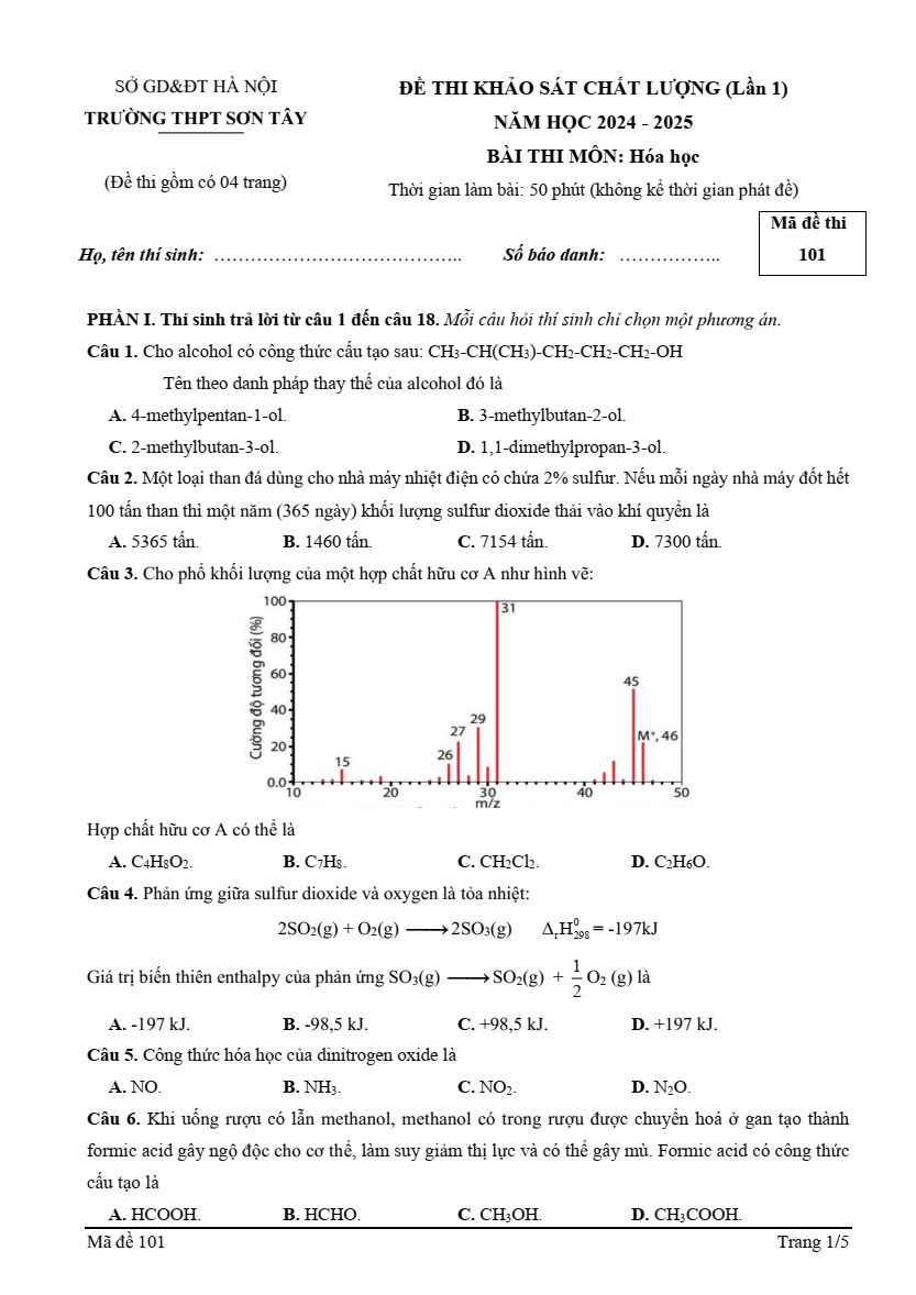 Đề thi thử Hóa Tốt nghiệp năm 2025 Trường THPT Sơn Tây