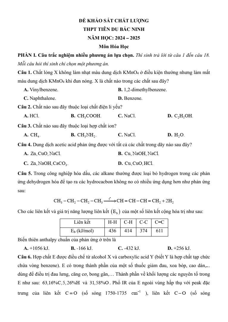 Đề thi thử Hóa Tốt nghiệp năm 2025 Trường THPT Tiên Du