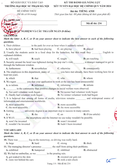 Đề thi Tiếng Anh ĐGNL Đại học Sư phạm Hà Nội 2024 (ca Sáng)