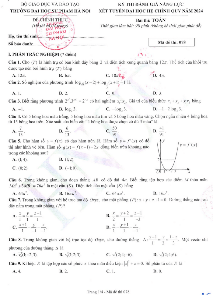Đề thi Toán ĐGNL Đại học Sư phạm Hà Nội 2024