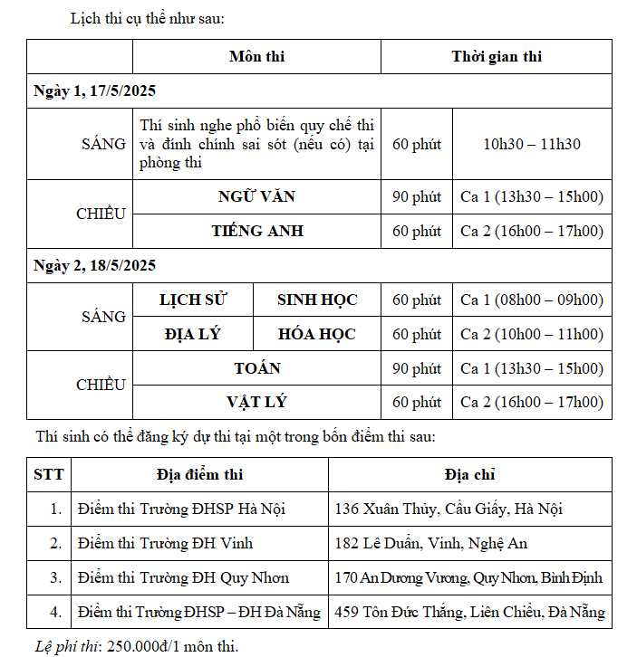 Lịch thi Đánh giá năng lực, đánh giá tư duy năm 2024-2025