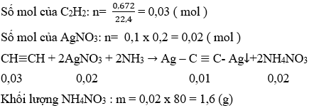 CH≡CH + 2AgNO<sub>3</sub> + 2NH<sub>3</sub> → Ag–C≡C-Ag↓ + 2NH<sub>4</sub>NO<sub>3</sub> | Cân bằng phương trình hóa học