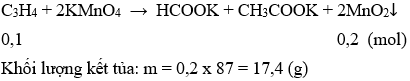 C<sub>3</sub>H<sub>4</sub> + 2KMnO<sub>4</sub> → HCOOK + CH<sub>3</sub>COOK + 2MnO<sub>2</sub> | Cân bằng phương trình hóa học