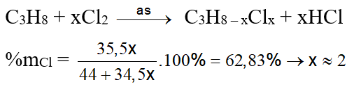 C<sub>3</sub>H<sub>8</sub> + 2Cl<sub>2</sub> → C<sub>3</sub>H<sub>6</sub>Cl<sub>2</sub> + 2HCl | Cân bằng phương trình hóa học