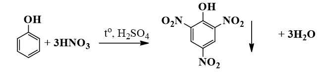 C6H5OH + HNO3 → C6H2(NO2)3OH + 3H2O | Phenol + HNO3