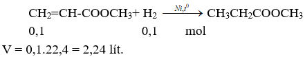 CH<sub>2</sub>=CH-COOCH<sub>3</sub> + H<sub>2</sub> → CH<sub>3</sub>CH<sub>2</sub>COOCH<sub>3</sub> | Cân bằng phương trình hóa học