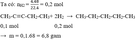 CH<sub>3</sub>-C≡C-CH<sub>2</sub>-CH<sub>3</sub> + 2H<sub>2</sub> → CH<sub>3</sub>-CH<sub>2</sub>-CH<sub>2</sub>-CH<sub>2</sub>-CH<sub>3</sub> | Cân bằng phương trình hóa học