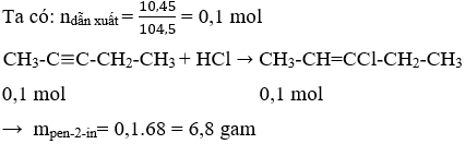 CH<sub>3</sub>-C≡C-CH<sub>2</sub>-CH<sub>3</sub> + HCl → CH<sub>3</sub>-CH=CCl-CH<sub>2</sub>-CH<sub>3</sub> | Cân bằng phương trình hóa học