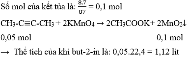 CH<sub>3</sub>-C≡C-CH<sub>3</sub> + 2KMnO<sub>4</sub> → 2CH<sub>3</sub>COOK+ 2MnO<sub>2</sub>↓ | Cân bằng phương trình hóa học