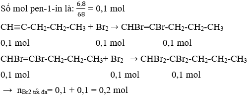 CH≡C-CH<sub>2</sub>-CH<sub>2</sub>-CH<sub>3</sub> + Br<sub>2</sub>  → CHBr=CBr-CH<sub>2</sub>-CH<sub>2</sub>-CH<sub>3</sub> | Cân bằng phương trình hóa học