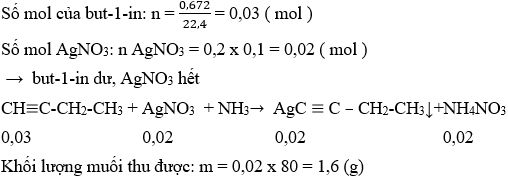 CH≡C-CH<sub>2</sub>-CH<sub>3</sub> + AgNO<sub>3</sub> + NH<sub>3</sub> → AgC≡C–CH<sub>2</sub>-CH<sub>3</sub> + NH<sub>4</sub>NO<sub>3</sub> | Cân bằng phương trình hóa học