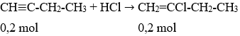 CH≡C-CH<sub>2</sub>-CH<sub>3</sub> + HCl → CH<sub>2</sub>=CCl-CH<sub>2</sub>-CH<sub>3</sub> | Cân bằng phương trình hóa học