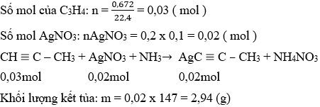 CH≡C–CH<sub>3</sub> + AgNO<sub>3</sub> + NH<sub>3</sub> → AgC≡C–CH<sub>3</sub> + NH<sub>4</sub>NO<sub>3</sub> | Cân bằng phương trình hóa học