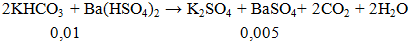 2KHCO3 + Ba(HSO4)2 → K2SO4 + BaSO4+ 2CO2 + 2H2O | Cân bằng phương trình hóa học