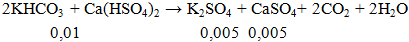 2KHCO3 + Ca(HSO4)2 → K2SO4 + CaSO4+ 2CO2 + 2H2O | Cân bằng phương trình hóa học