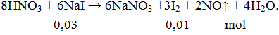 8HNO3 + 6NaI → 6NaNO3 +3I2 + 2NO ↑ + 4H2O | Cân bằng phương trình hóa học