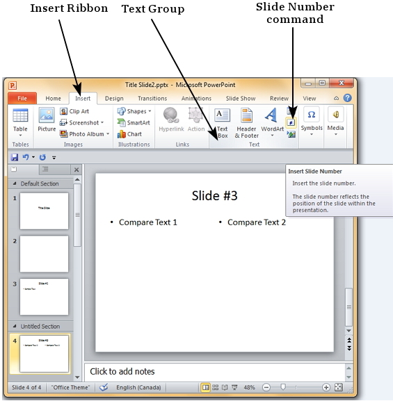 Add slide. Microsoft POWERPOINT 2010 ribbon Insert.