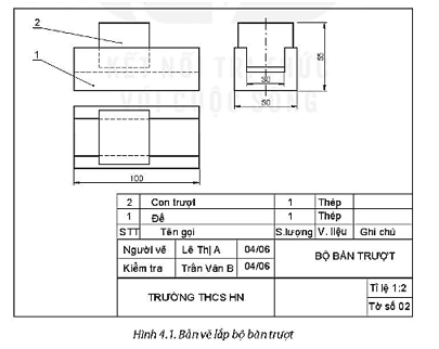Vẽ 3 hình chiếu vuông góc của các chi tiết 1 và 2 trên bản vẽ lắp bộ bàn trượt (Hình 4.1)