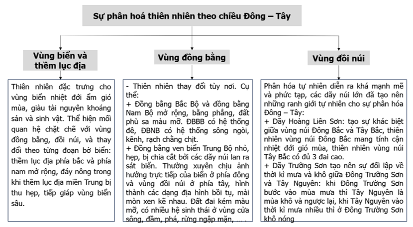 Hoàn thành thông tin về sự phân hoá của thiên nhiên nước ta theo chiều Đông – Tây vào sơ đồ dưới đây