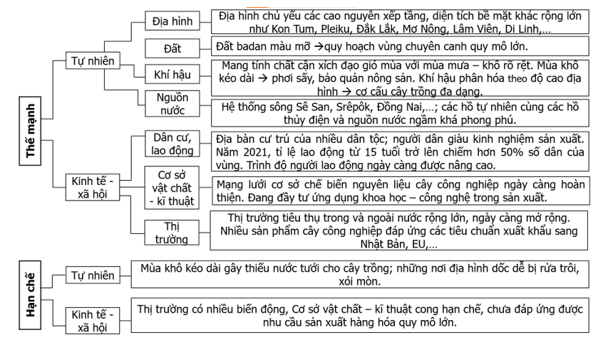 Hoàn thành thông tin về thế mạnh và hạn chế trong phát triển cây công nghiệp